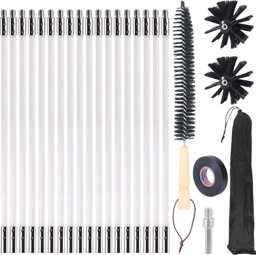 24 stuks haardborstel staafset met 18 flexibele stangen 410 mm lengte 2 borstelkoppen ovenpijpborstel schoorsteenbezem reinigingsborstel haardborstel accessoires open haard droger afvoerbuis Elektrische haard