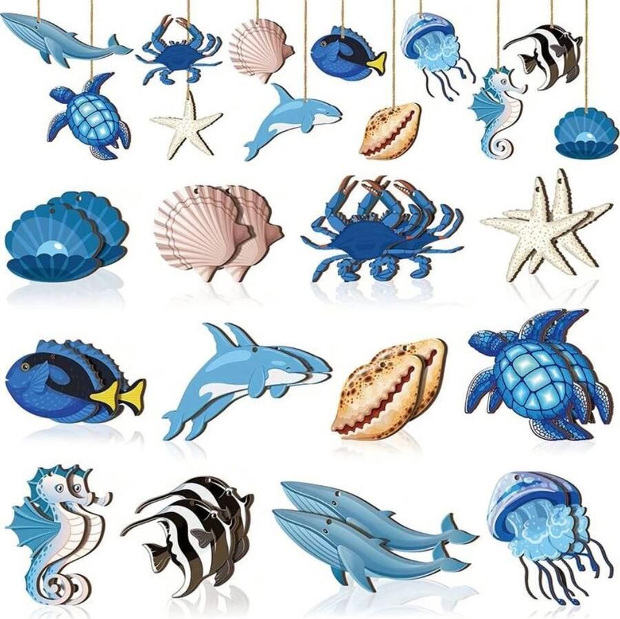 24 stuks houten ornamenten hangers zeedieren en schelpen