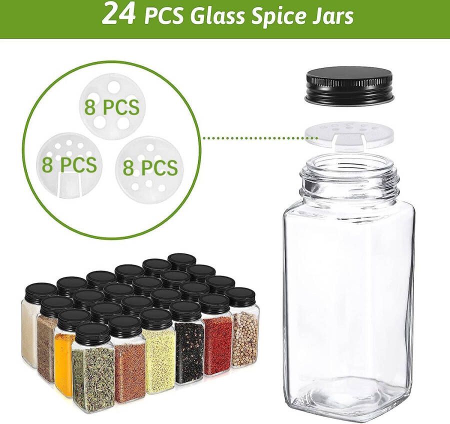 24 stuks kruidenpotjes 120 ml glazen specerijenpotjes rechthoekig kruidencontainers set met siliconen trechter kruidendoos met kruidenetiketten keukengerei keukenaccessoires zwart