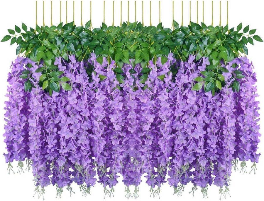 24 stuks kunstbloemen nep blauweregenslinger bloemenkrans hangende blauwe regen zijden bloemen voor woondecoratie bruiloften huis tuin feest (paars)