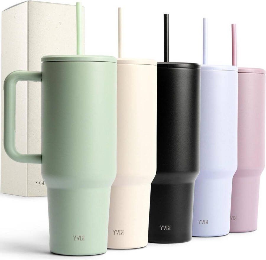 24-uur ijskoud 1200 ml roestvrij staal isolatiebeker met handvat en rietje Moderne drinkbeker om mee te nemen met deksel