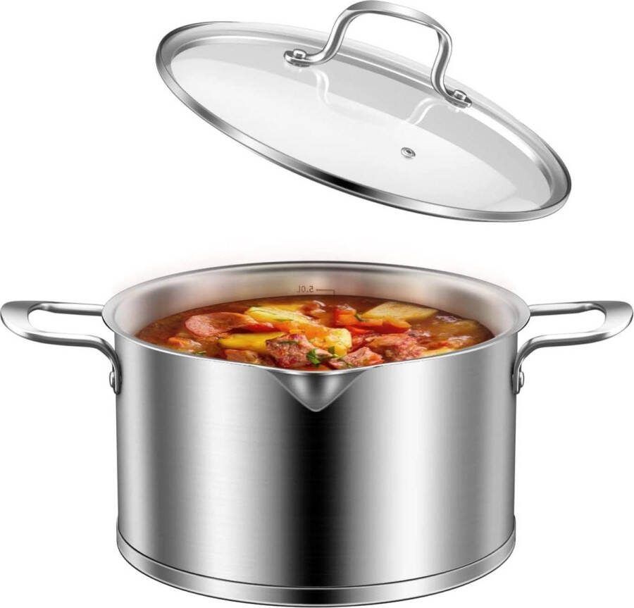 24cm steelpan 5 liter premium 3-laags roestvrij staal glazen deksel stoomgat binnenschaal tuit ongecoat ovenbestendig vaatwasmachinebestendig