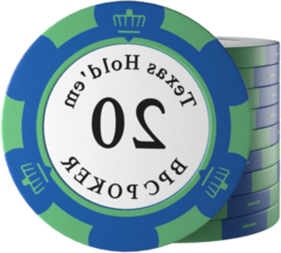 25 Clay Pokerchips Carmela Design Waarde 20-14 g 4 cm Diameter Blauw en Groen Pokerset