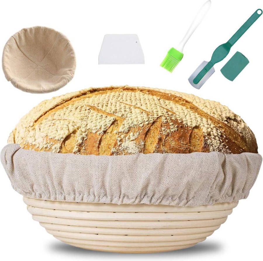 25 cm Rond Rijsmandje van Natuurlijk Riet met Linnen Inzetstuk en Deegschraper Ideale Gaarmand voor Brood en Deeg met Gratis Borstel