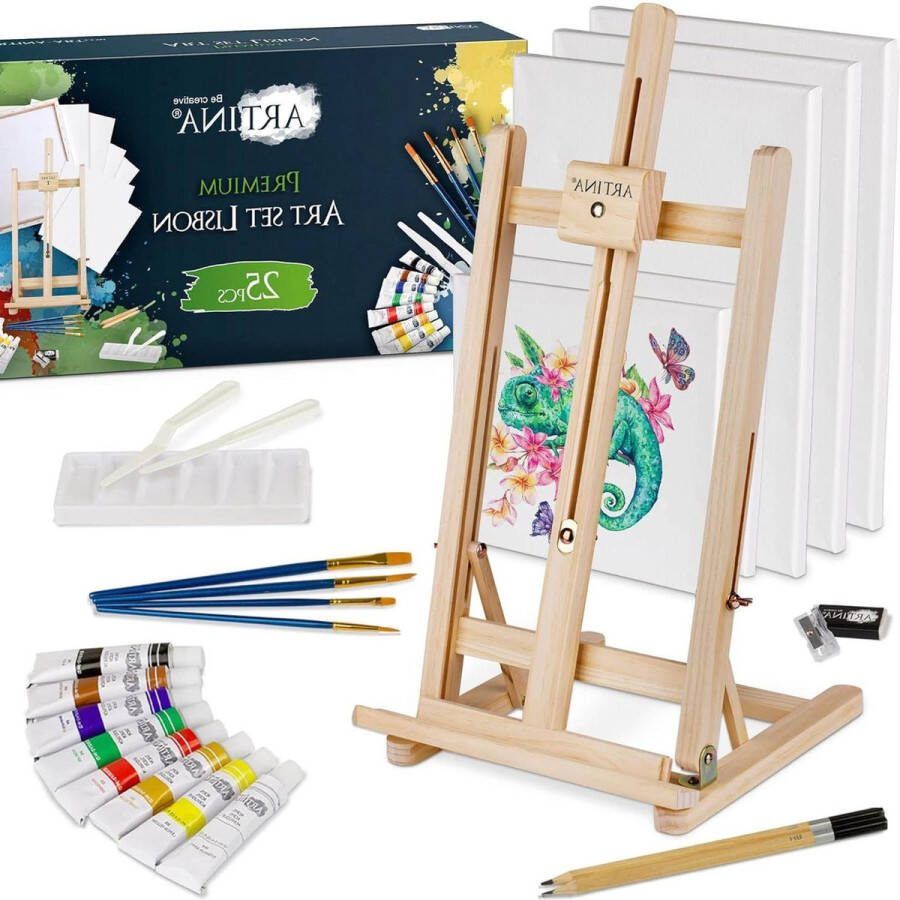 25-delig Tekenset met Tafelezel en Acrylverf Penselen Kunstenaar Schilderset inclusief Schildersdoeken en Accessoires