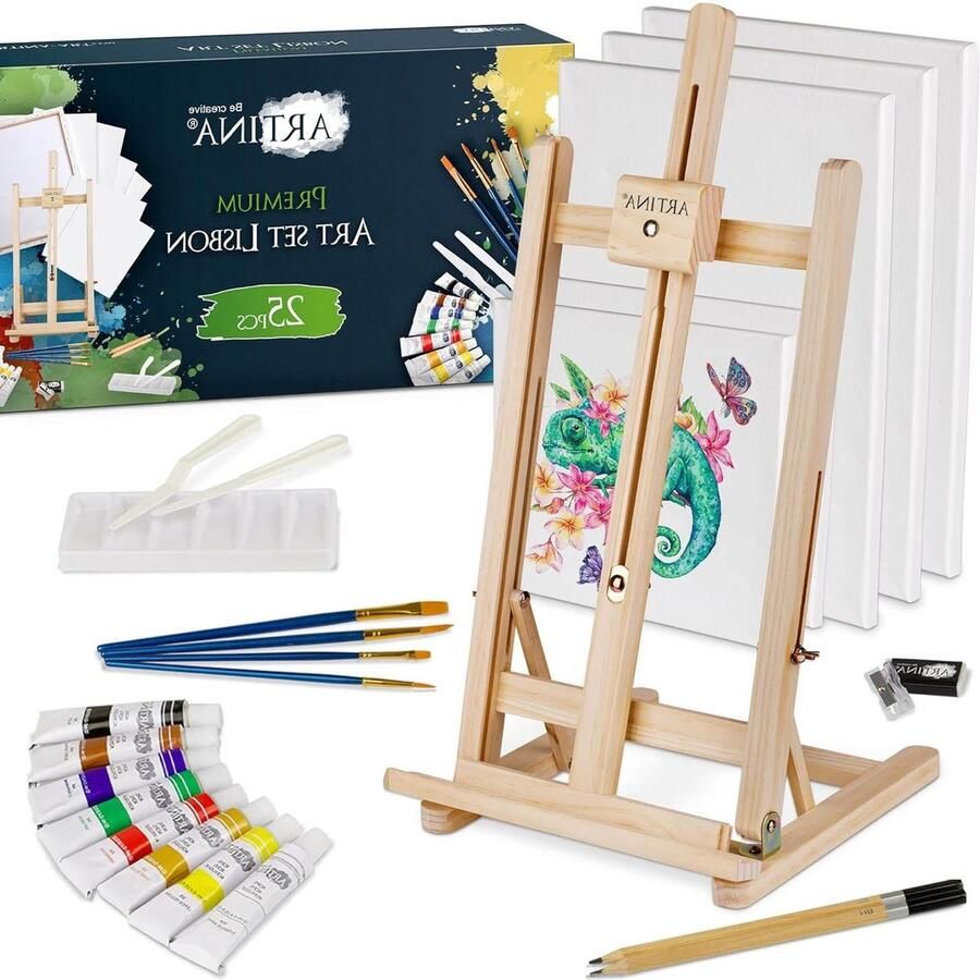 Schildersezel 25-delig Lisbon Tekenset met Tafelezel Kunstenaar Acrylverf Set Schildersdoeken Penselen Accessoires Gemaakt van FSC gecertificeerd Hout