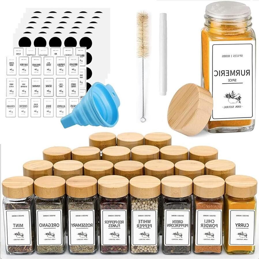 25 kruidenpotten 4 oz glazen kruidencontainers met bamboedeksels inclusief 120 kruidenetiketten. kruidenpotjes vierkant