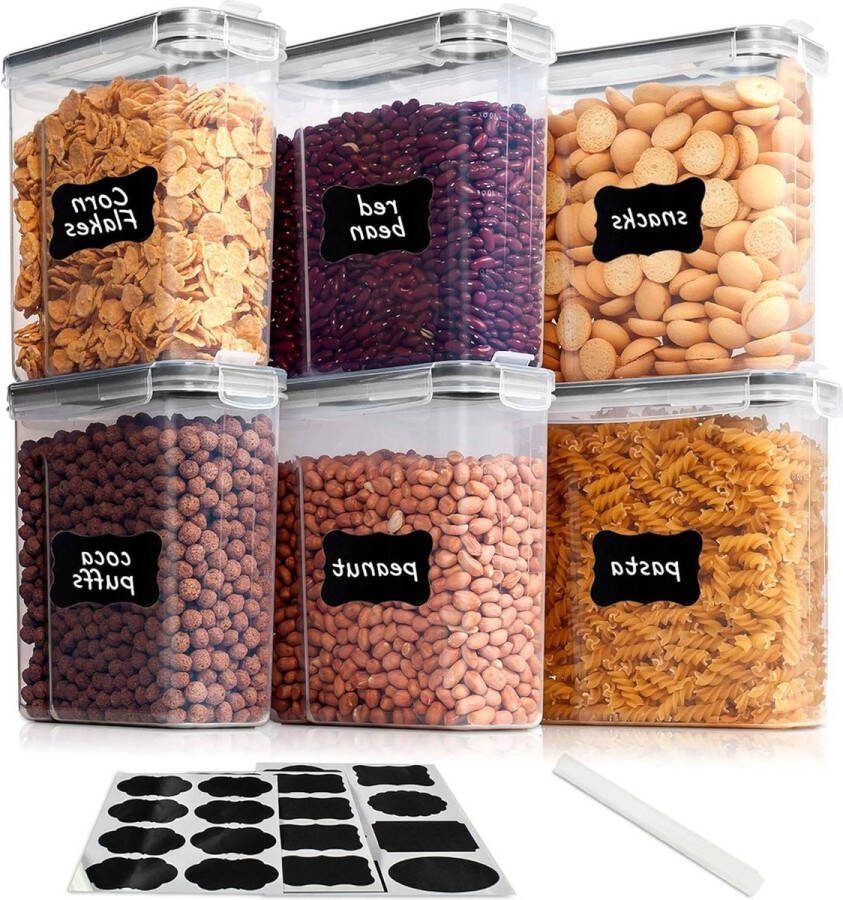 25 liter graancontainers voor opslag plastic BPA-vrije keuken voorraadkast meel opslagset van 6 met 24 etiketten (zwart)