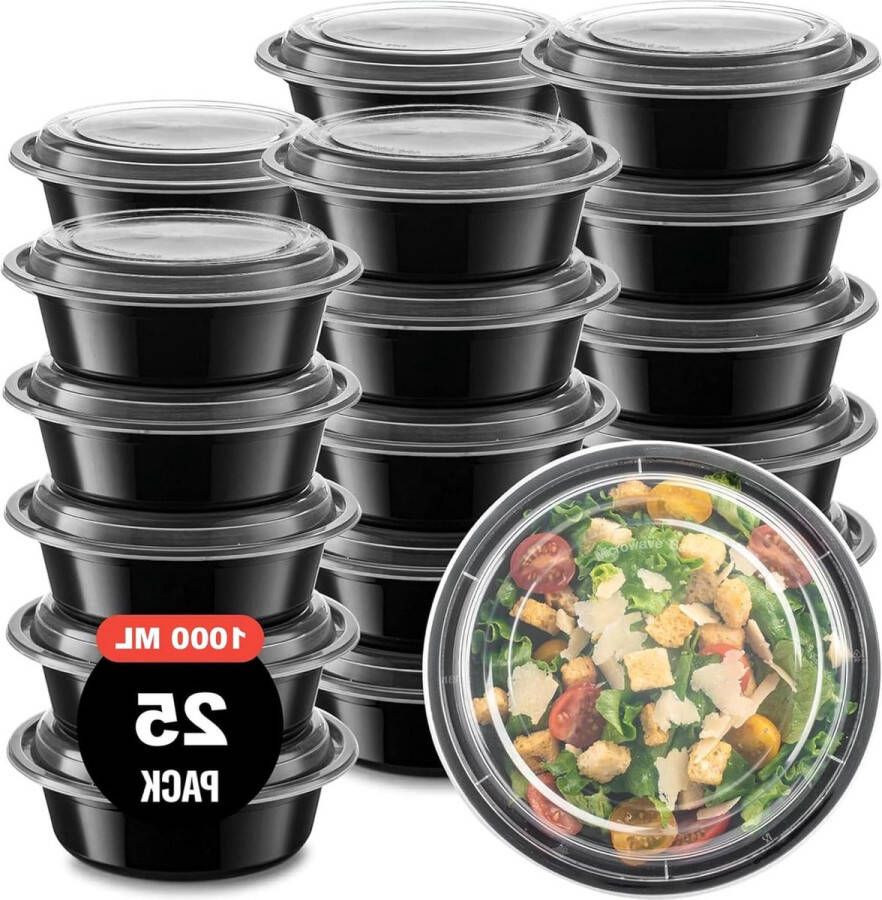 25-Pack 1000ml Round Food Box with Lid Meal Prep Containers for Microwave Airtight Lunch Box Black Thick Plastic Container 17.5cm Diameter 6 Height