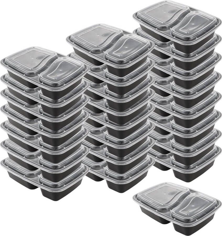 25 Pack Black BPA-Free Plastic Meal Prep Containers with 2 Compartments Microwave Reusable Lunch Box 1000ml with Lid