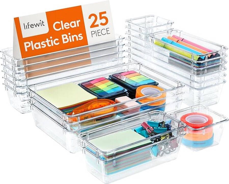 25 stuks lade organizer set doorzichtig plastic bureau lade verdelers trays dressoir opbergbakken scheidingsdoos voor make-up sieraden en gadgets slaapkamer badkamer kantoor