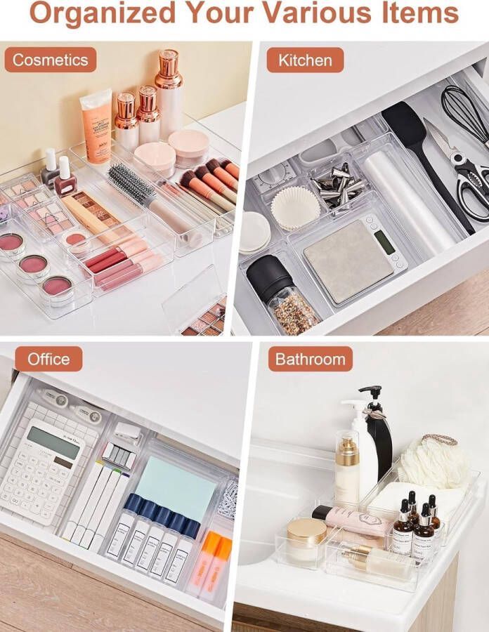 25 stuks transparante lade-organisatiesysteem met make-uptafelorganizer in 4 maten antislip transparante make-up-organizer voor badkamer cosmetica commode keuken kantoor