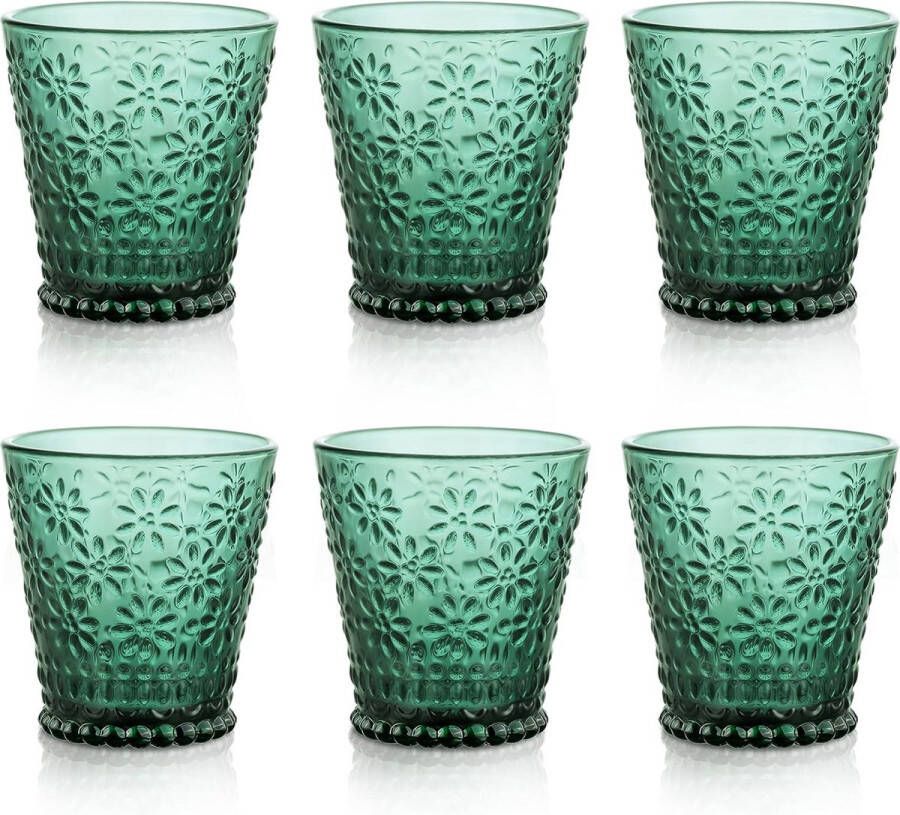 250 ml drinkglas kleurglas set van 6 groene waterglazen met madeliefjespatroon vintage stapelbaar waterglas voor drinken cocktail en thee