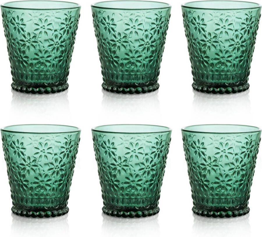 250 ml drinkglazen kleurrijk glas set van 6 groene waterglazen met madeliefjespatroon vintage stapelbaar waterglas voor dranken cocktails en thee