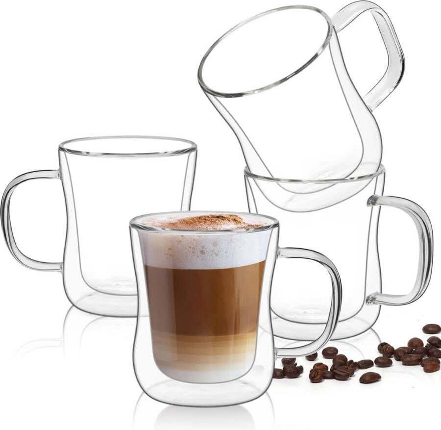 250 ml Dubbelwandige Glazen Koffiebekers Set Van 4 Hittebestendige Borosilicaat Glazen Mokken Met Handvat Geïsoleerde Thermobeker Voor Thee Cappuccino Latte Warm Koude Dranken