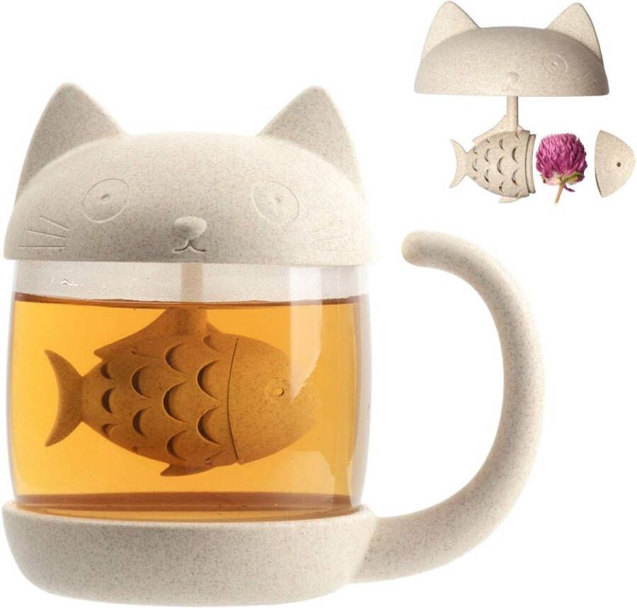 250 ml Katten Glas Theekopje met Vis Thee Infuser Zeef Filter Watermok Perfect Kerst Verjaardagscadeau voor Kattenliefhebbers