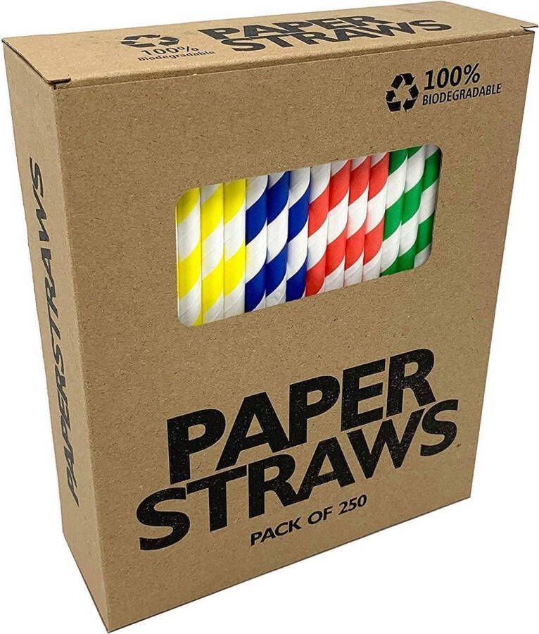 250 stuks 4 kleuren papieren rietjes gestreept 6mm x 200mm (FSC) mixed colours paper straws 100% afbreekbaar