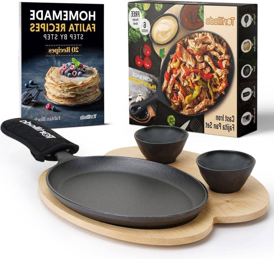 255 cm gietijzeren Fajita pan grillpanset voor Fajitas houten dienblad keramische dipkommen_Set van 1