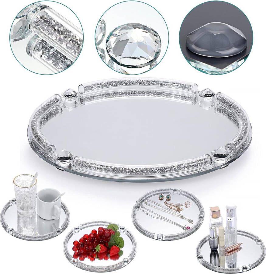 25cm Glass Mirrored Tray with Chopped Diamond Frame Round Decorative Display Tablet Crystal Eitele Tray for Cosmetic Perfume and Jewelry Cup-Tray