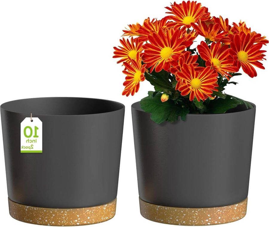25cm Moderne Plant Potten Afvoergaten Afneembare Schotel Plastic Bloempotten Huis Tuin Vensterbank Donkergrijs Set van 2. Bloempot