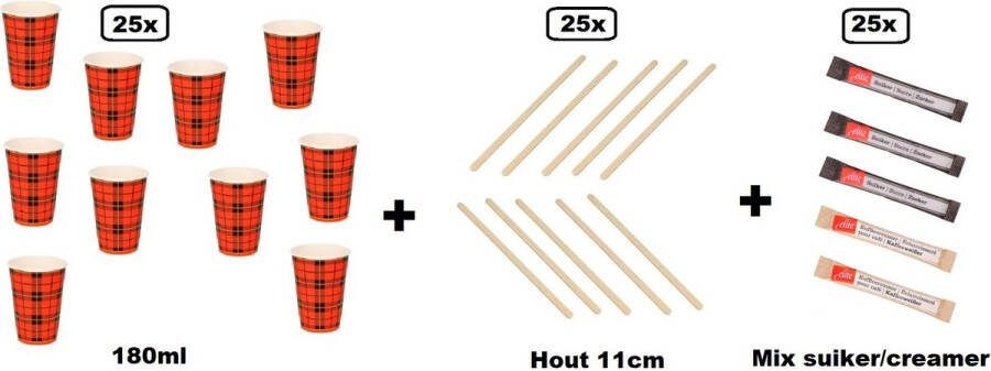25x Beker Schotse ruit 180ml + 25x Roerstaafjes hout + 25x mix creamer suikersticks Koffie thee chocomel soep drank water beker karton