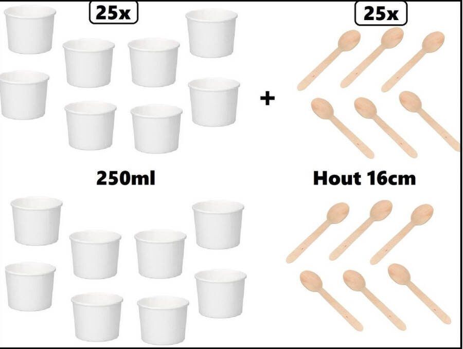 25x Soepbeker wit karton 250ml + 25x houten lepels Soep salade beker festival warme dranken maaltijd verjaardag