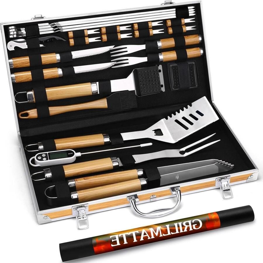 26-delige roestvrij stalen BBQ-bestekset met draagbare opbergkoffer barbecue-accessoires voor mannen inclusief vleesthermometer