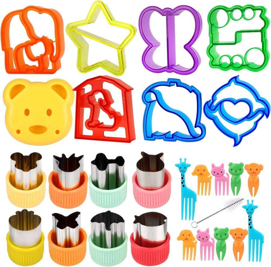 26 stuks uitsteekvormpjes voor brood toast groente en sandwich uitsteekvormpjes roestvrij staal met anti-slip handvat diervorm groentesnijder bento-accessoires voor kinderen met 10 karikatuur tandenstokers