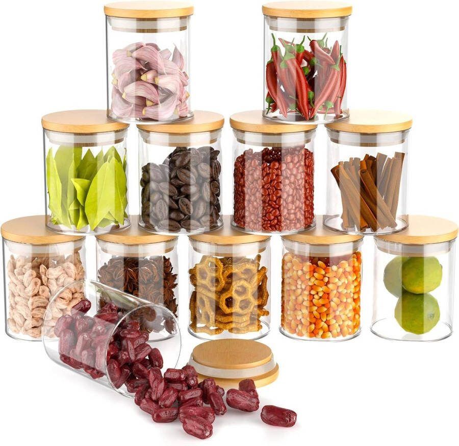 260ml 9oz Kruidenpotten Voedsel Granen Opslag Container Set van 6 Met Bamboe Luchtdichte Deksels en Etiketten Voor Meel Suiker Koffie Snoep Snack Kruidenpotjes
