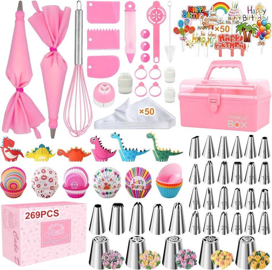 269 stuks spuitmonden siliconen spuitzakken suikergietmondstukken taartdecoratieset doe-het-zelf bakgereedschapsset voor cake muffin cupcakes decoratie (roze 269 stuks)