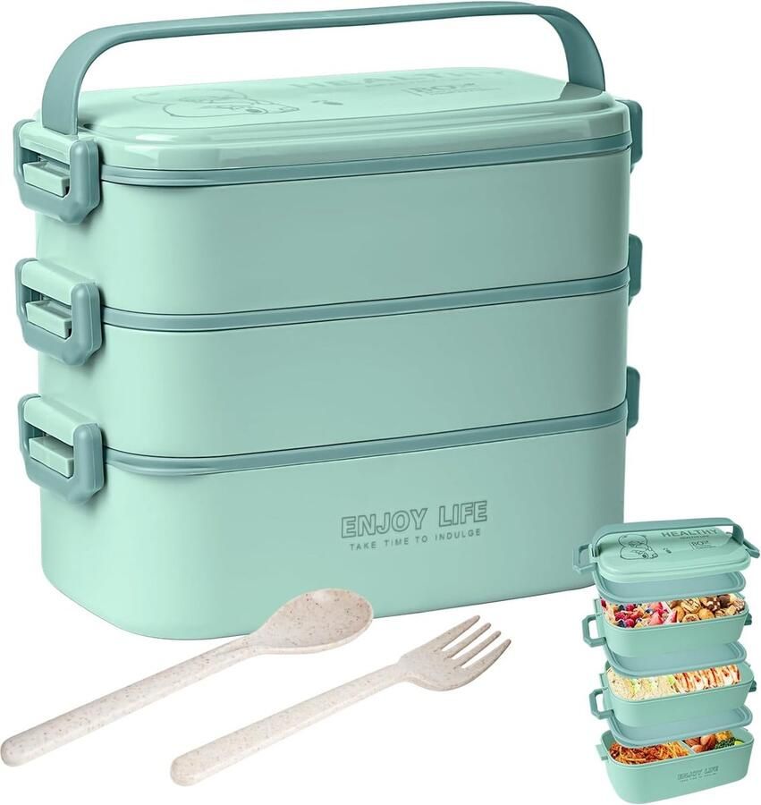 2700 ml 3-laags bentobox met vork en lepel 4-in-1 lunchbox voedselvoorbereidingscontainer voedselopslagdoos voor heren dames studenten magnetron- en vaatwasmachinebestendig (meerblauw)