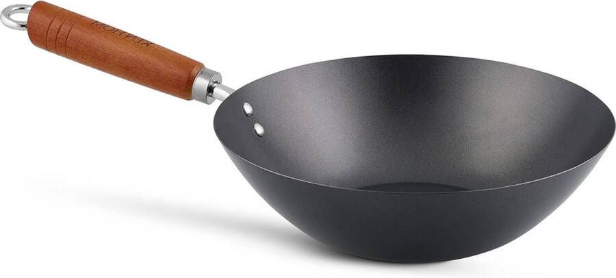 27cm Koolstofstaal Niet-Plakkende Wokpan met Houten Handvat en Platte Bodem Niet Geschikt voor Inductie Niet Vaatwasmachinebestendig 2 Jaar Garantie