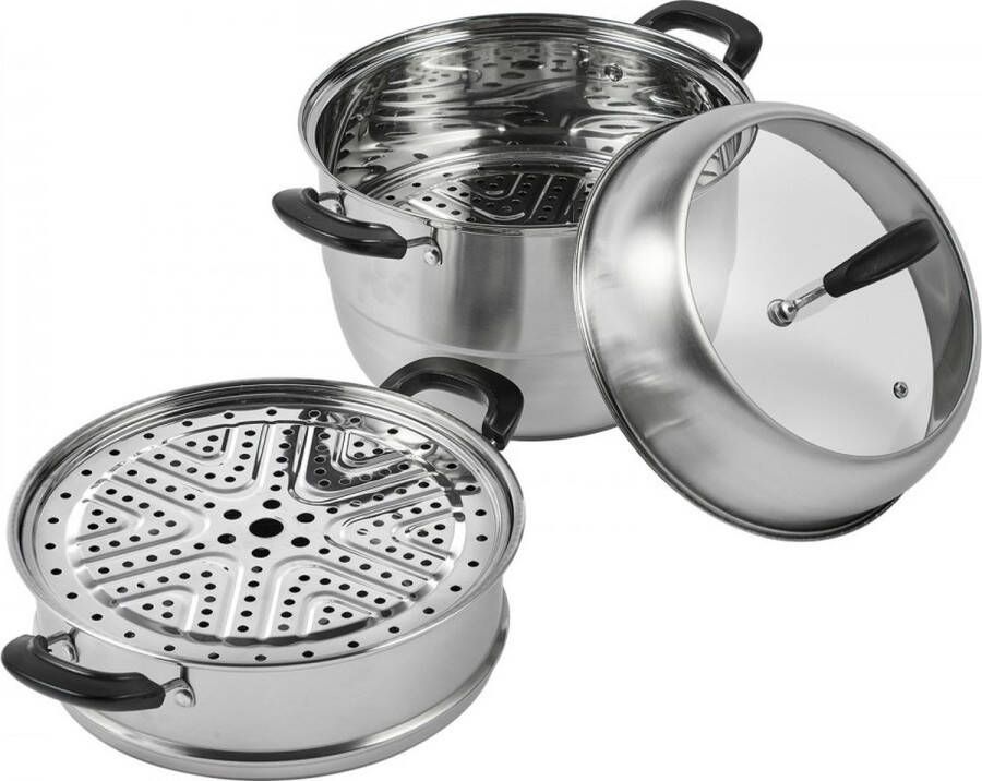 28 cm stoompan roestvrij staal met glazen deksel 3-laags stoomboot inductiestoomboot snelkookpan kookpot ideaal voor groenten vis soep dumplings (incl. 2 stoominzetstukken)