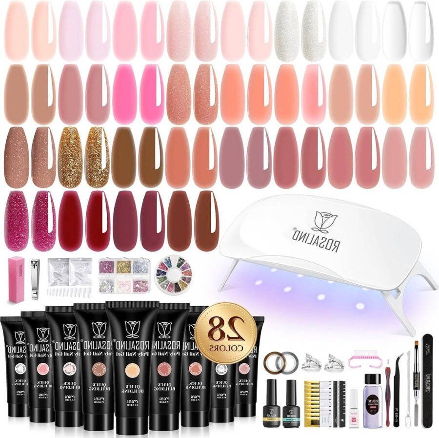 28 Colors Poly Nail Gel Kit Nail Extension Gel Starter Set with Mini Lamp Use with Top Base Coat for Beginners & Salon Professionals Nail Art