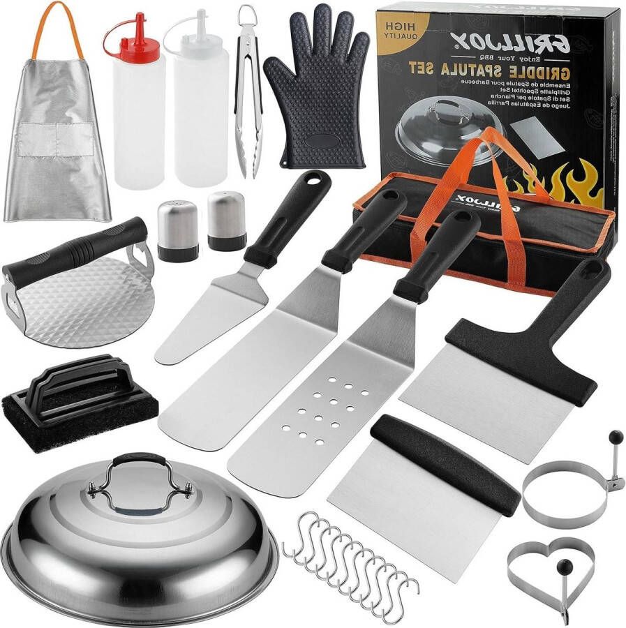 28-delige bakplaat accessoireset voor Teppanyaki camping koken en reiniging complete bakplaat gereedschap set in draagtas inclusief rijgen cover Smash Burger Press Grill spatels