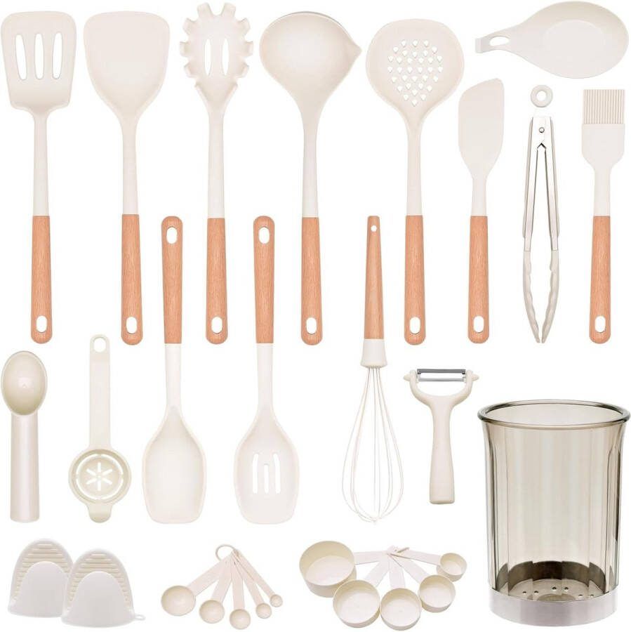 28-delige set kookgerei 28-delig hittebestendig met houten handvat anti-aanbaklaag BPA-vrij kookgerei vaatwasmachinebestendig inclusief spatel lepel pastamper (wit)
