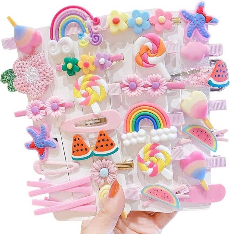 28 stuks schattige haarspelden modieuze haaraccessoires voor meisjes bloemen vruchten kleurrijk regenboog snoep desserts schattige dierenhaarspeldenset antislip metalen drukknopen