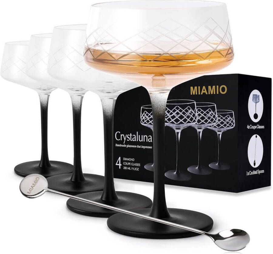 280 ml Coupe Glazen Set van 4 met Barlepel Handgemaakte Kristallen Cocktailglazen met Zwarte Steel Cocktailglazen Martini Glazen Champagne Coupe Glazen Crystaluna Collectie