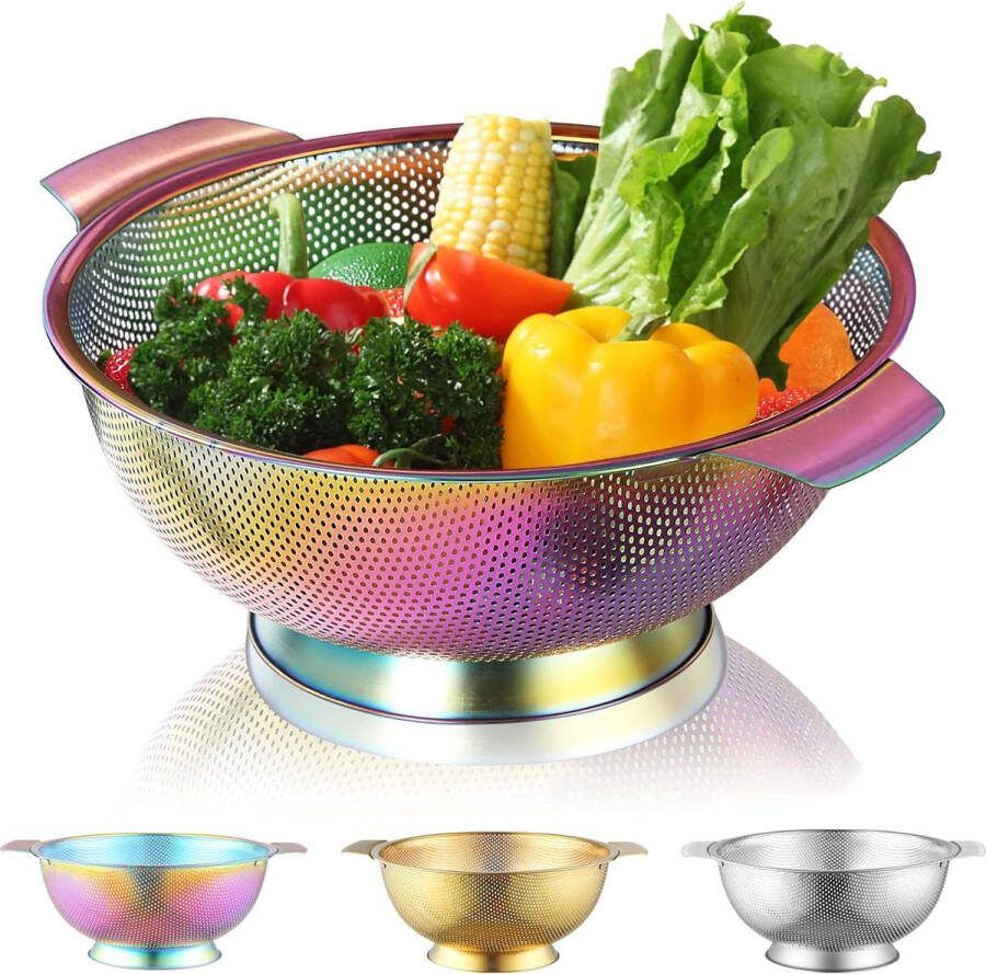 285cm Professionele Titanium Regenboog Vergiet Kleurrijke Plating Roestvrijstalen Zeef met Handgrepen Zelfdrainerende Ringbasis Makkelijk Schoon te Maken