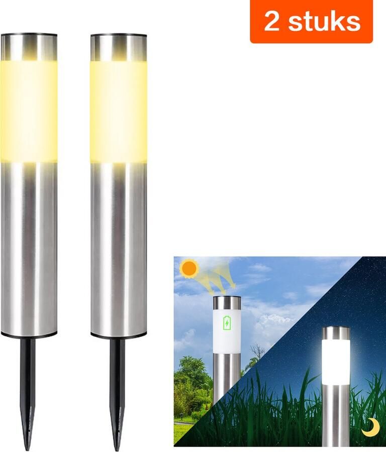 2Stuks zonne-Solar Tuinlamp-verlichting voor buiten zonne-tuin staak buitenlamp zonne-energie landschap stok lamp buiten gazon lamp Cilindrisch steek lichten zaklamp straatlantaarn tuin licht (Kleur:Grijs)