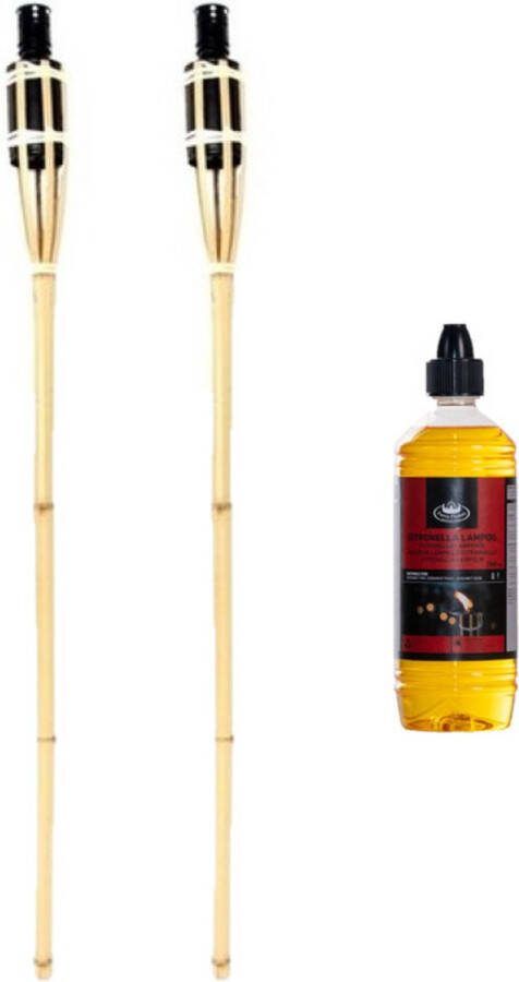 2x Bamboe tuinfakkel 90 cm inclusief bio citronella lampolie fakkelolie 750 ml tuindecoratie fakkels