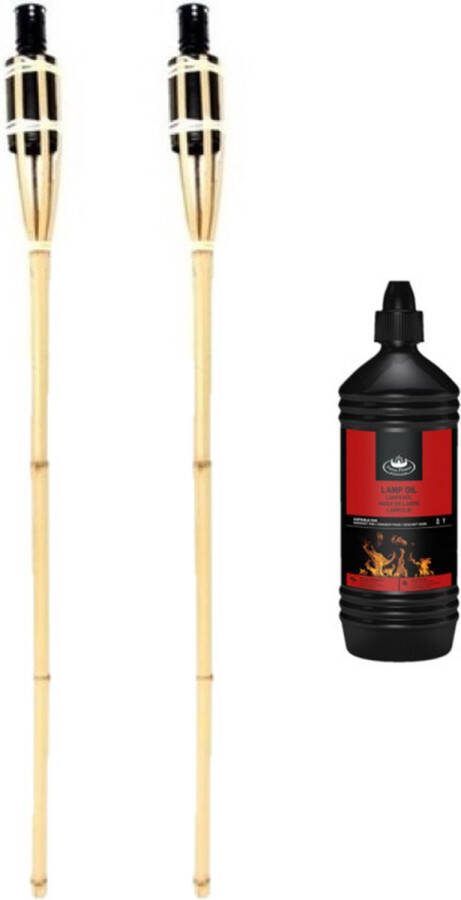 2x Bamboe tuinfakkel 90 cm inclusief heldere lampolie fakkelolie 1 liter tuindecoratie fakkels