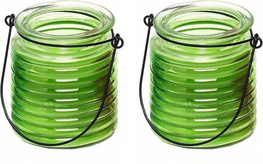 2x Citronellakaarsen in groen geribbeld glas 7 5 cm Insecten verjagen Geurkaarsen