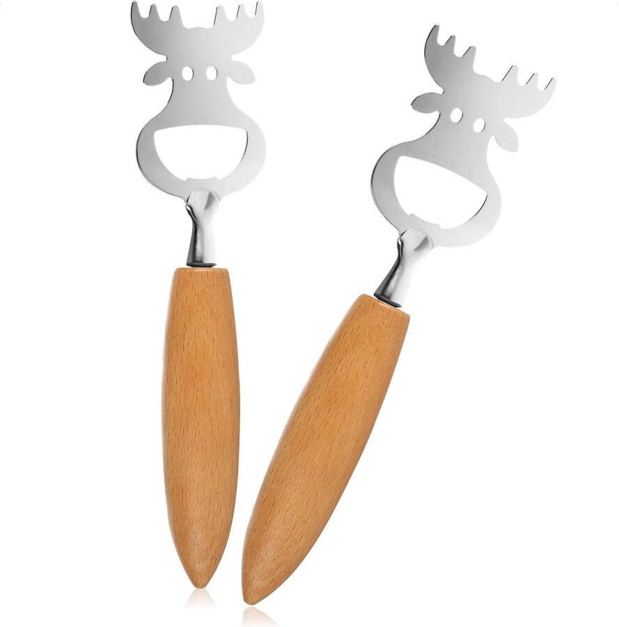 2x flesopener van roestvrij staal met ergonomische beukenhouten handgreep flesopener in elandkopdesign (02 stuks hout. roestvrij staal)