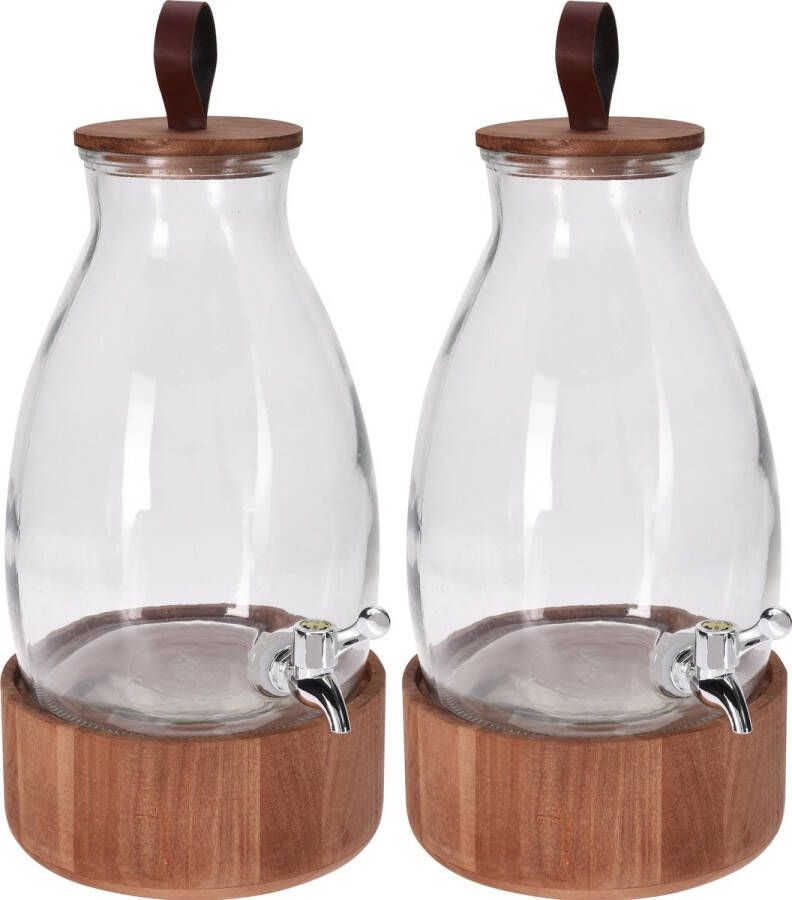 2x Glazen drank dispensers 5 liter met houten houder voet Keukenbenodigdheden Zomers tropisch tuinfeest decoratie Dranken serveren Drankdispensers Dispensers voor o.a. sappen en limonade