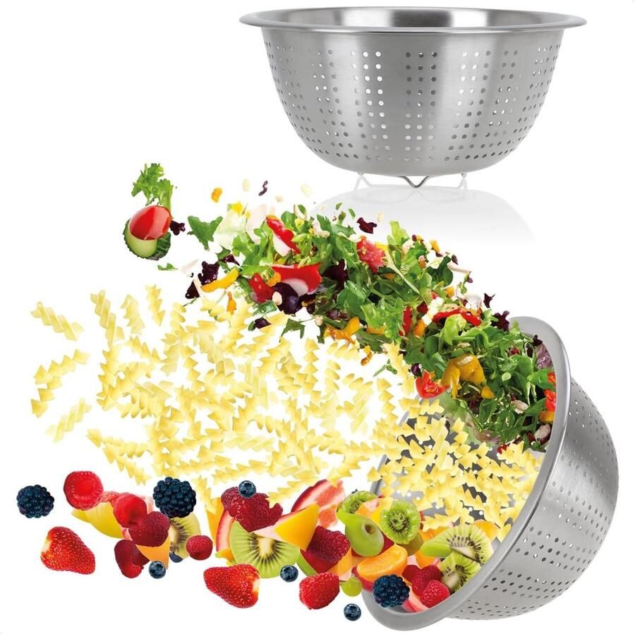 2x keukenzeef van roestvrij staal klassieke pastazeef vergiet voor fruit groenten ronde afdruipzeef metaal keukenaccessoires Ø 24cm 2 stuks