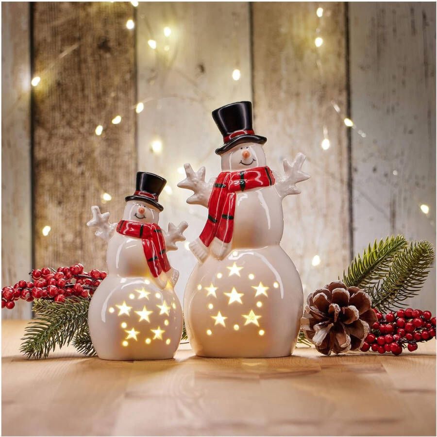 2x LED-sneeuwman als decoratieve verlichting lichtbeeld kerstfiguur van keramiek LED-verlichting met timerfunctie als sfeerlicht (02 stuks keramische sneeuwpop timer)