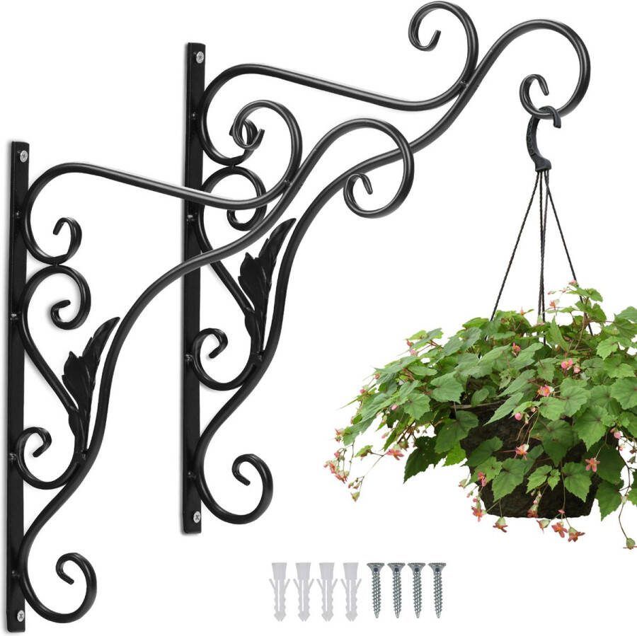 2x Muurhaak plantenhaak voor plantenpotten gietijzer 35x31cm hanging basket haak Wandhaak Handgemaakt Antiekgrijs Plantenhanger Metaal Binnen Buiten Lantaarn ophangsysteem