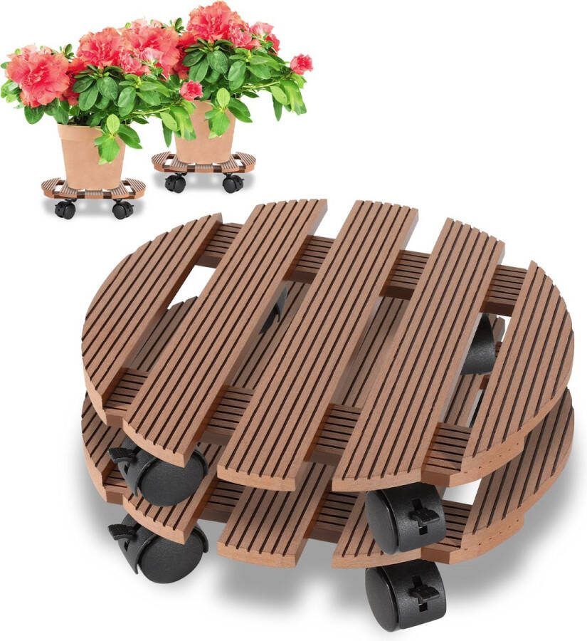 2x Plantentrolley Plantenroller Draagkracht tot 80 KG Plantenwagen Houder met wieltjes planten trolleys Ronde Bruin