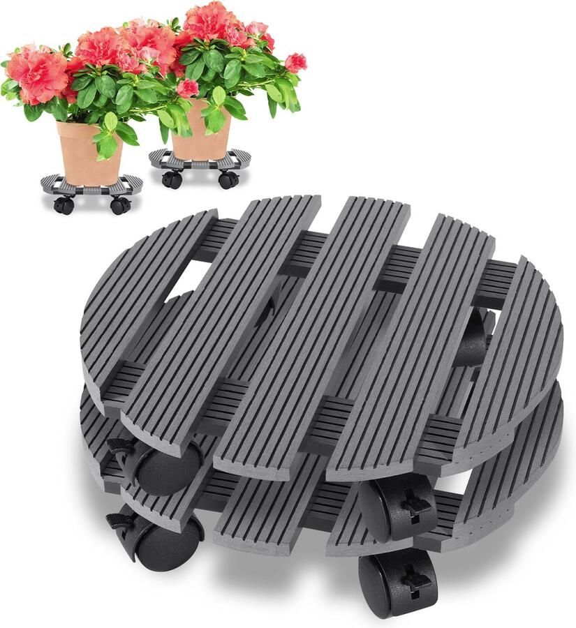 2x Plantentrolley Plantenroller Draagkracht tot 80 KG Plantenwagen Houder met wieltjes planten trolleys Ronde Grijs